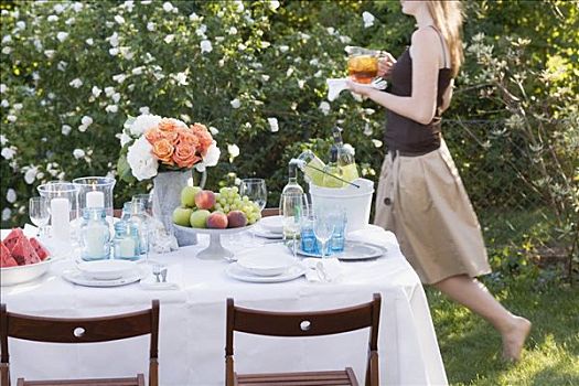 女人,冰茶,桌子,花园