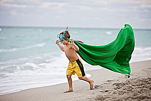 男孩,戴着,潜水面罩,跑,海滩
