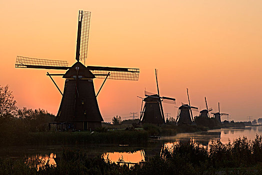 历史,风车,日出,世界遗产,小孩堤防风车村,省,荷兰南部,荷兰