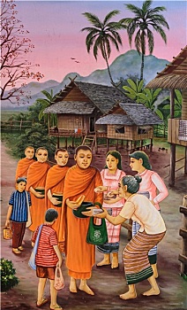 泰国人,壁画,给,食物,和尚,寺院,清迈,泰国