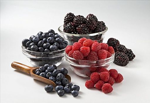 新鲜,蓝莓,树莓,黑莓,玻璃碗,舀具