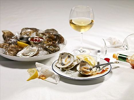 餐盘,牡蛎,残留,冰,白葡萄酒
