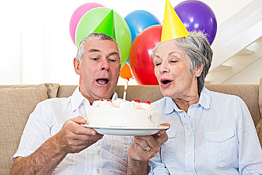 老年,夫妻,坐,沙发,庆贺,生日