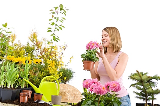 园艺,高兴,女人,拿着,花盆