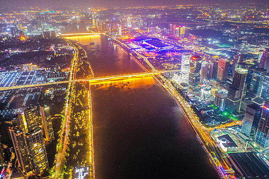 航拍广东广州海珠区城区夜景