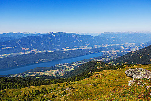 风景,米尔斯泰特,阿尔卑斯山,俯视,湖,山丘,中心,东方,看,卡林西亚,奥地利,欧洲