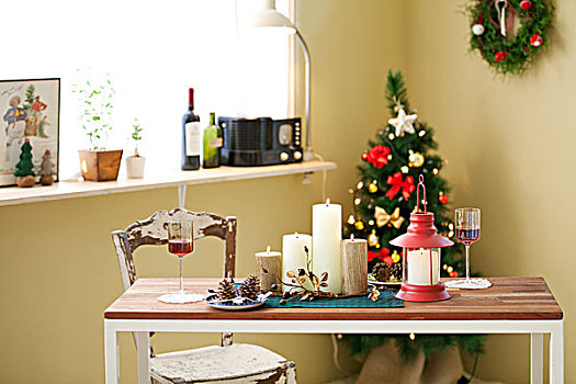 圣诞蜡烛,灯笼,桌上,正面,装饰,圣诞树