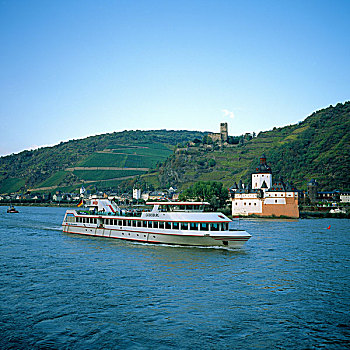 游轮,船,莱茵河,河,法尔茨,城堡,剪影,莱茵河谷,德国