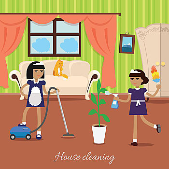 两个女孩,制服,围裙,家务清洁,蓝色,白色,女人,亮光,客厅,沙发,窗户,衣柜,真空吸尘器,地毯,水,花,矢量,插画