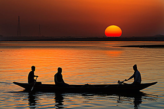 船,日落,雅鲁藏布江,阿萨姆邦,印度,亚洲
