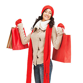 零售,销售,概念,全身,高兴,女人,冬天,衣服,购物袋