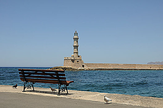 长椅,灯塔,港口,哈尼亚,克里特岛,希腊,欧洲
