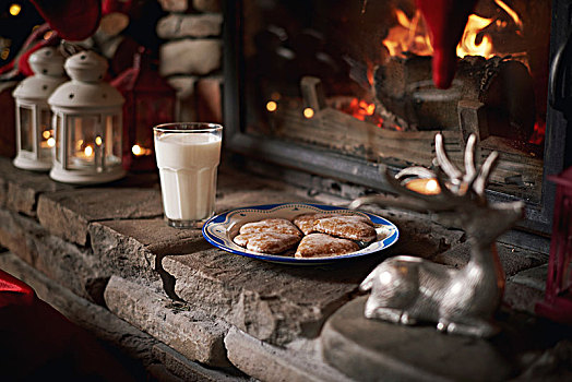 饼干,牛奶,圣诞老人,左边,旁侧,壁炉