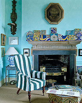 扶手椅,蓝色,条纹,遮盖,正面,壁炉,传统风格,起居室