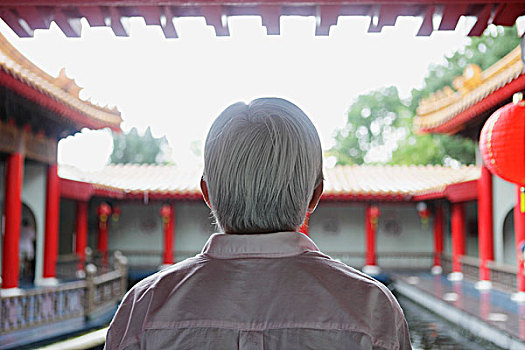 老人,灰发,看,中国寺庙