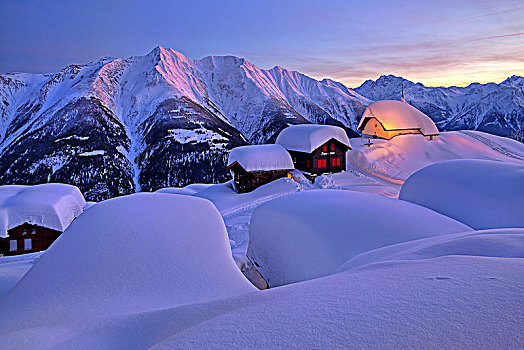 小教堂,玛丽亚,雪,雪地,乡村,中心,背影,黄昏,贝特默阿尔卑,阿莱奇地区,瓦莱,瑞士,欧洲