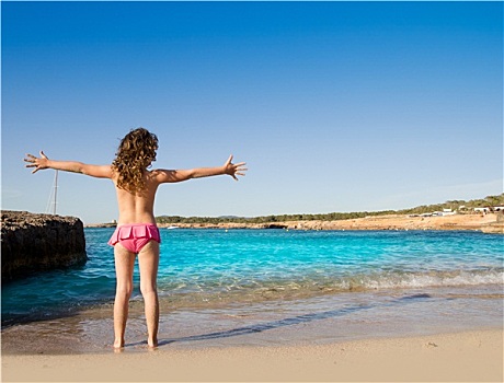 伊比萨岛,海滩,伸展胳膊,小女孩
