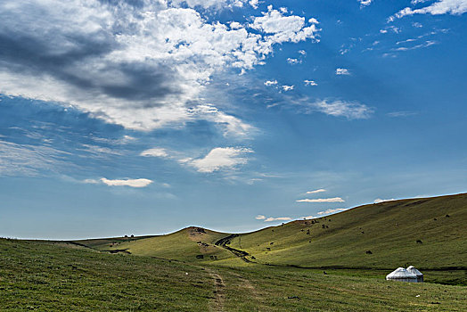 蓝天白云下的山坡草原公路