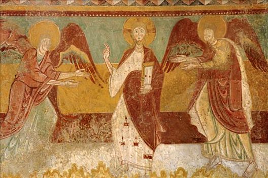浆果,圣徒,教堂,壁画,12世纪,耶稣,天使