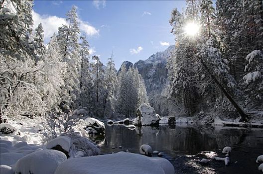 美国,加利福尼亚,优胜美地国家公园,初雪,秋天,默塞德河,优胜美地山谷