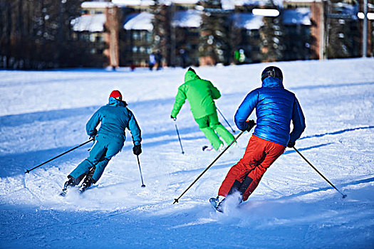 后视图,男性,女性,滑雪,积雪,滑雪坡,白杨,科罗拉多,美国