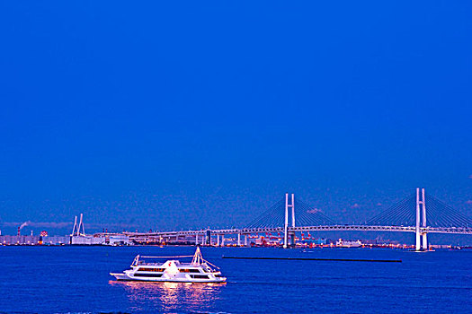 横滨,海湾大桥,晚上,游艇