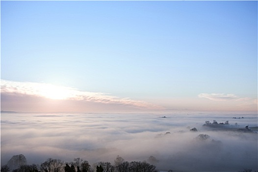 日出,蓝天,上方,雾,遮盖,风景