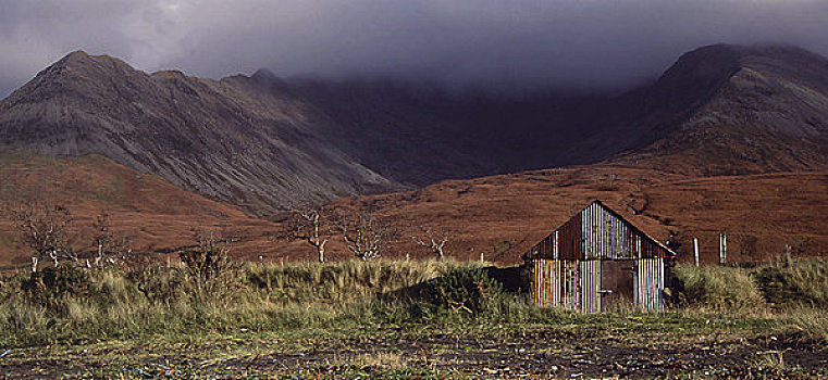 苏格兰,斯凯岛,褶皱,小屋,山峦,背景
