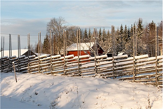 雪,栅栏,小,红房,后面