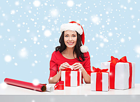 圣诞节,圣诞,冬天,高兴,概念,微笑,女人,圣诞老人,帽子,许多,礼盒,包装纸