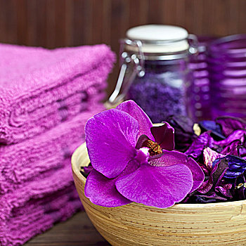 紫罗兰,静物,水疗,房间,兰花,竹子,盘子,靠近,一堆,毛巾