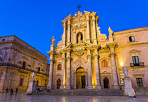 大教堂,锡拉库扎,黄昏,大教堂广场,奥提吉亚岛,西西里,意大利