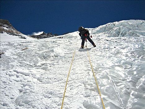 攀登,固定,绳索,陡峭,冰,脸,途中,露营,珠穆朗玛峰,喜马拉雅山,尼泊尔