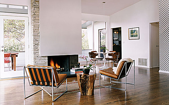 两个,钢铁,皮革,扶手椅,正面,壁炉,现代,宽敞,客厅