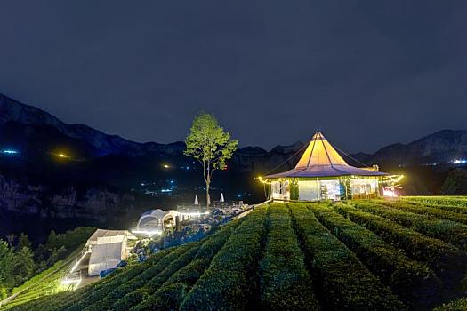 帐篷露营地茶园远山夏季夜晚灯光璀璨