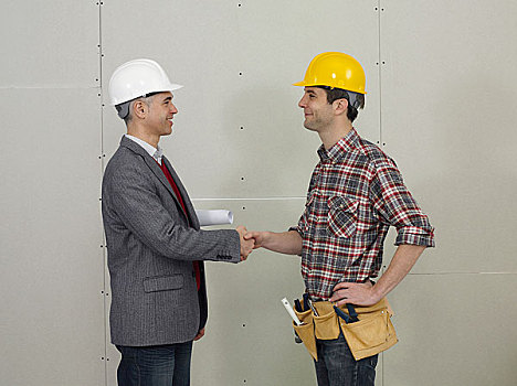 建筑师,握手,建筑工人