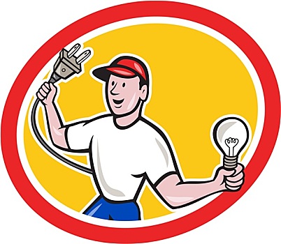 电工,拿着,电器插头,灯泡,卡通