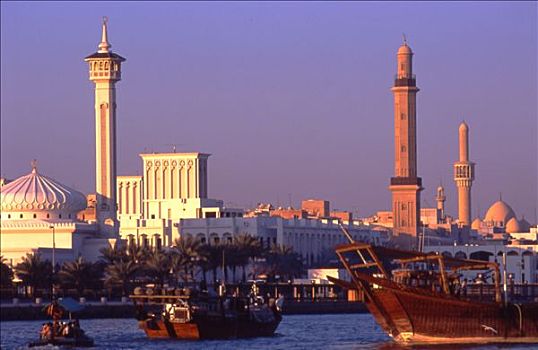 阿联酋,迪拜,柏迪拜,清真寺,港口,船,落日余晖