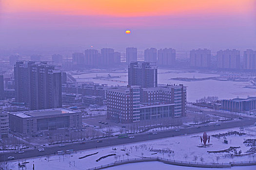 黑龙江大庆市--俯瞰雪后油城晨光