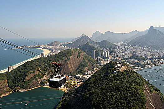 巴西,里约热内卢,甜面包山,科科瓦多,右边,海滩,仰视,科巴卡巴纳海滩,左边,电车