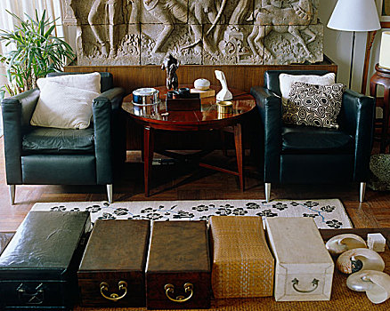 艺术品,后面,皮革,扶手椅,茶几,面对,桌子,排,装饰,存储,盒子