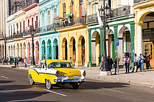老爷车,正面,殖民建筑,街上,哈瓦那,古巴,联合国教科文组织,文字