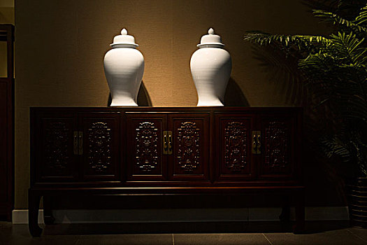 灯光下两个白瓷瓶放在木柜上twowhitechinabottlesonawoodencabinetunderlpamlight
