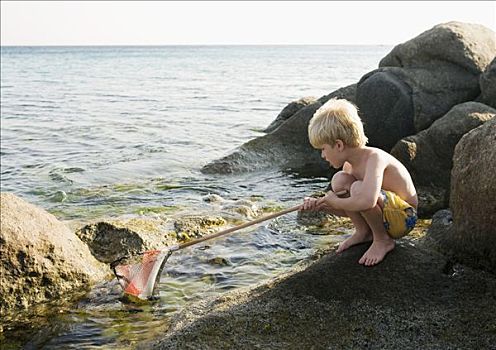 男孩,蹲,岩石上,钓鱼,网