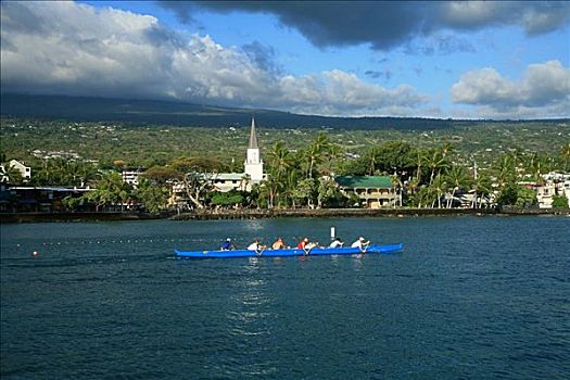 夏威夷,夏威夷大岛,城镇,男人,独木舟,划船,海岸线,靠近,驾驶