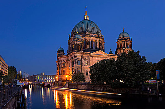 德国,大教堂,夜晚,施普雷河,柏林,欧洲