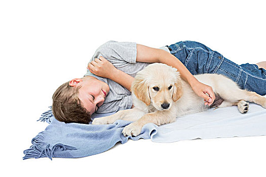 男孩,睡觉,可爱,狗,毯子