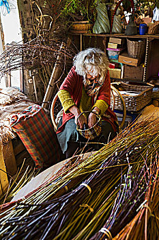 女人,编织,篮子,工作间,捆,柳树