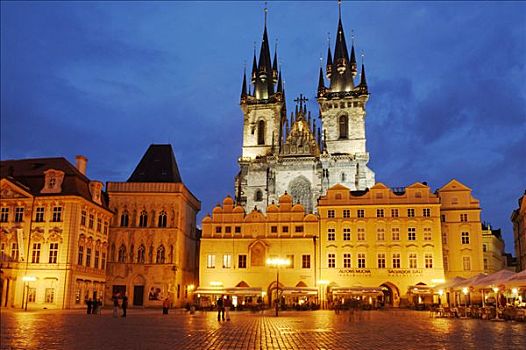 历史,老城广场,圣母大教堂,正面,光亮,布拉格,世界遗产,捷克共和国,欧洲