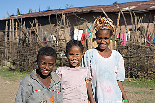 男孩,微笑,两个,姐妹,季亚,埃塞俄比亚